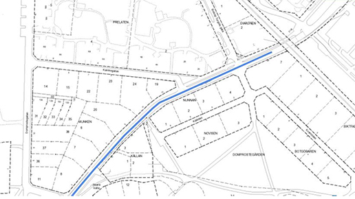 Kartbild över Källegatans norra sträckning med markering där trafikens stängs av.