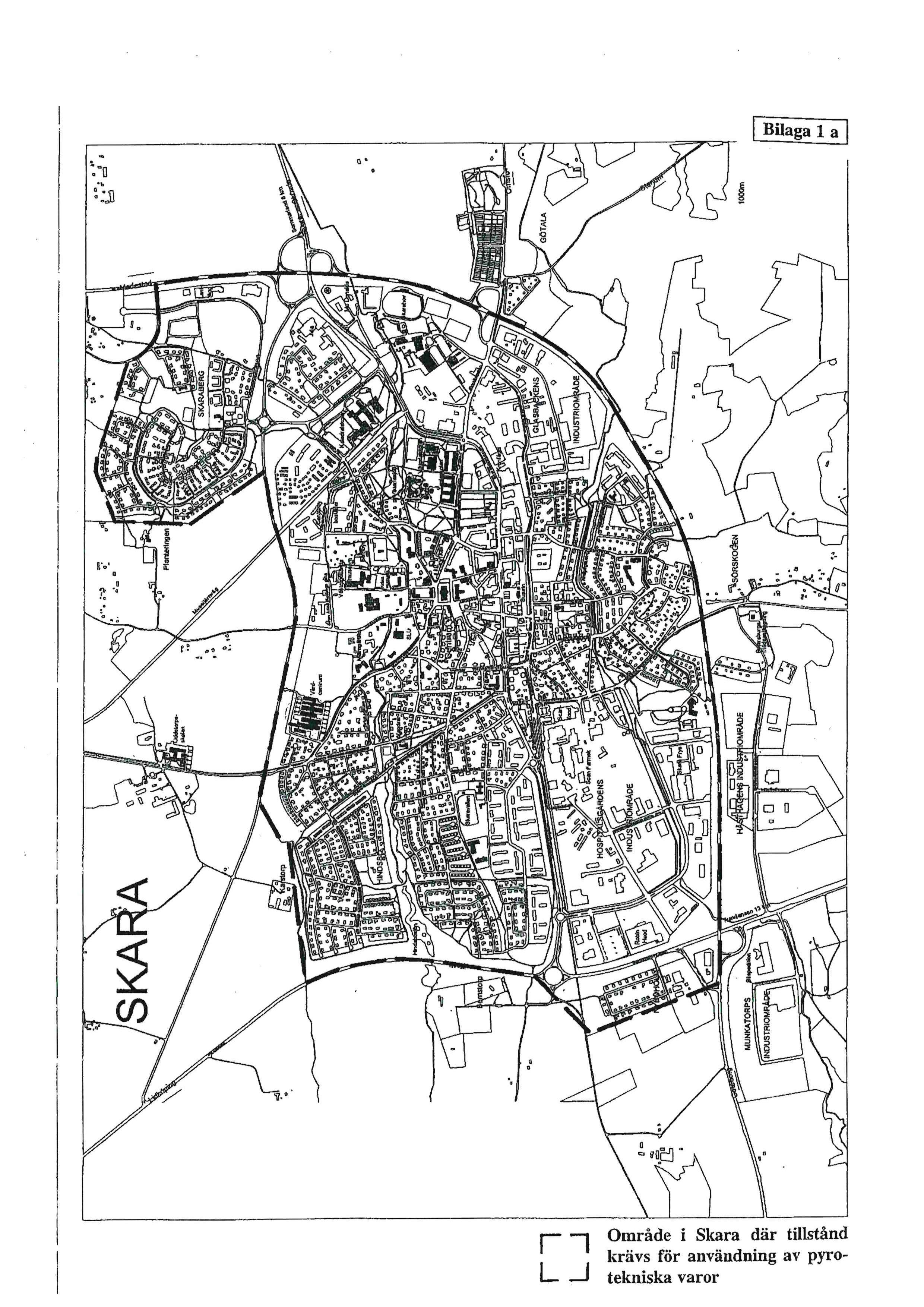 Bilaga 1 a: karta över område i Skara där tillstånd krävs för användning av pyrotekniska varor