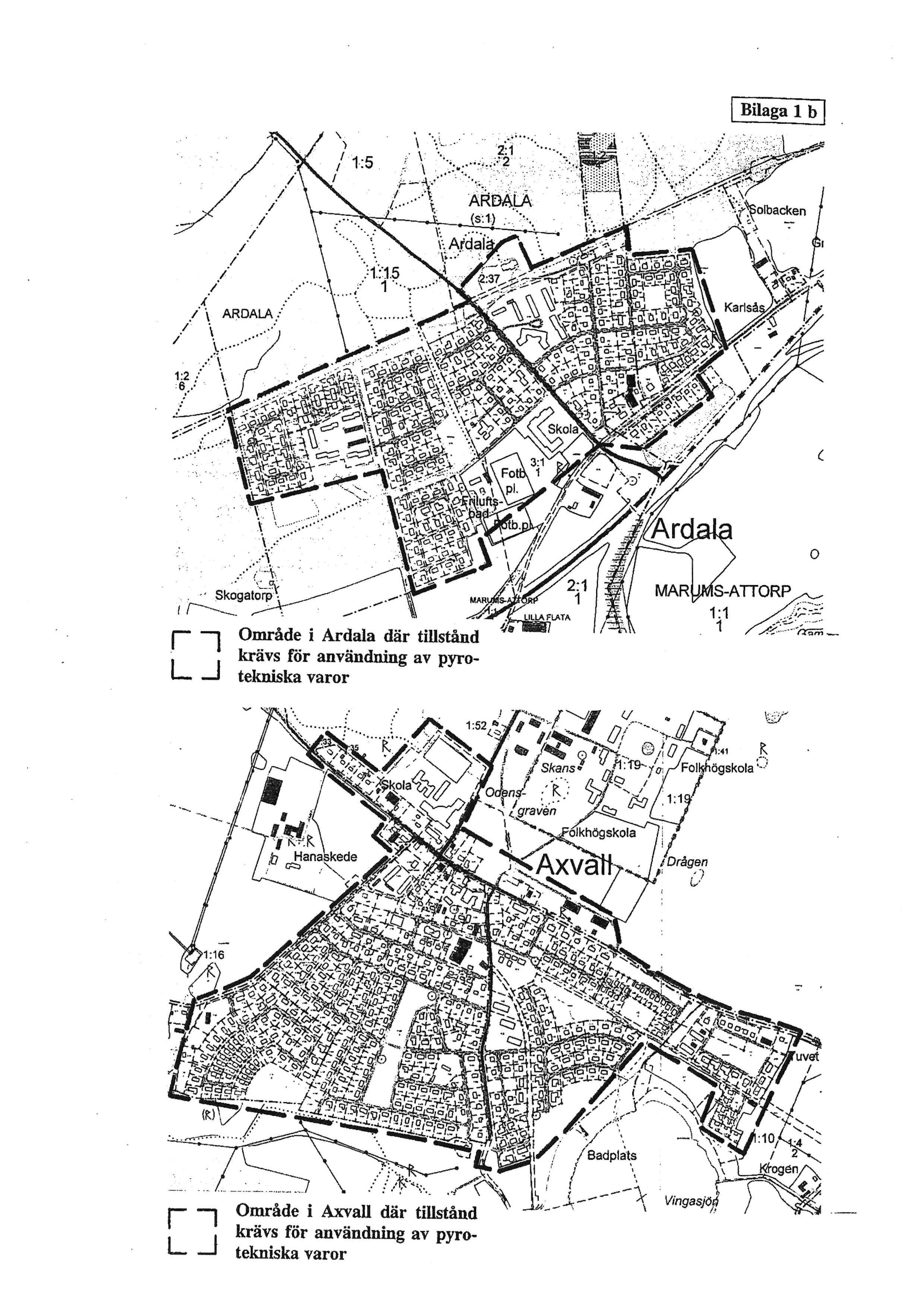 Bilaga 1 b: karta över område i Ardala och Axvall där tillstånd krävs för användning av pyrotekniska varor