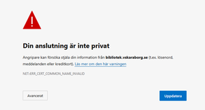 Skärmdump av ett felmeddelande i en webbläsare som säger 'Din anslutning är inte privat'