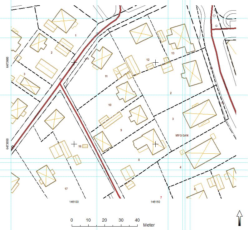 Exempel på byggnadskarta med fastighetsgränser, plangränser och byggnader
