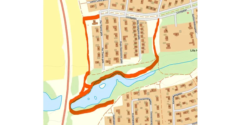 En karta där de avstängda gång- och cykelbanorna är markerade med rött