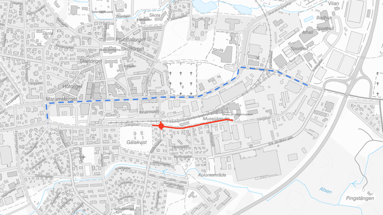 Karta som visar hur avstängningarna och omedlningen vid arbetet av Vallgatan kommer att se ut.