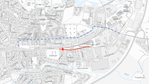 Karta som visar hur avstängningarna och omedlningen vid arbetet av Vallgatan kommer att se ut. 