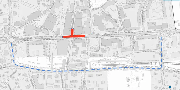 Karta över avstängningen på Skaraborgsgatan
