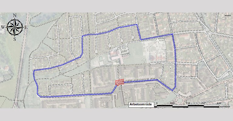 Karta över omledning vid Valhallagatan